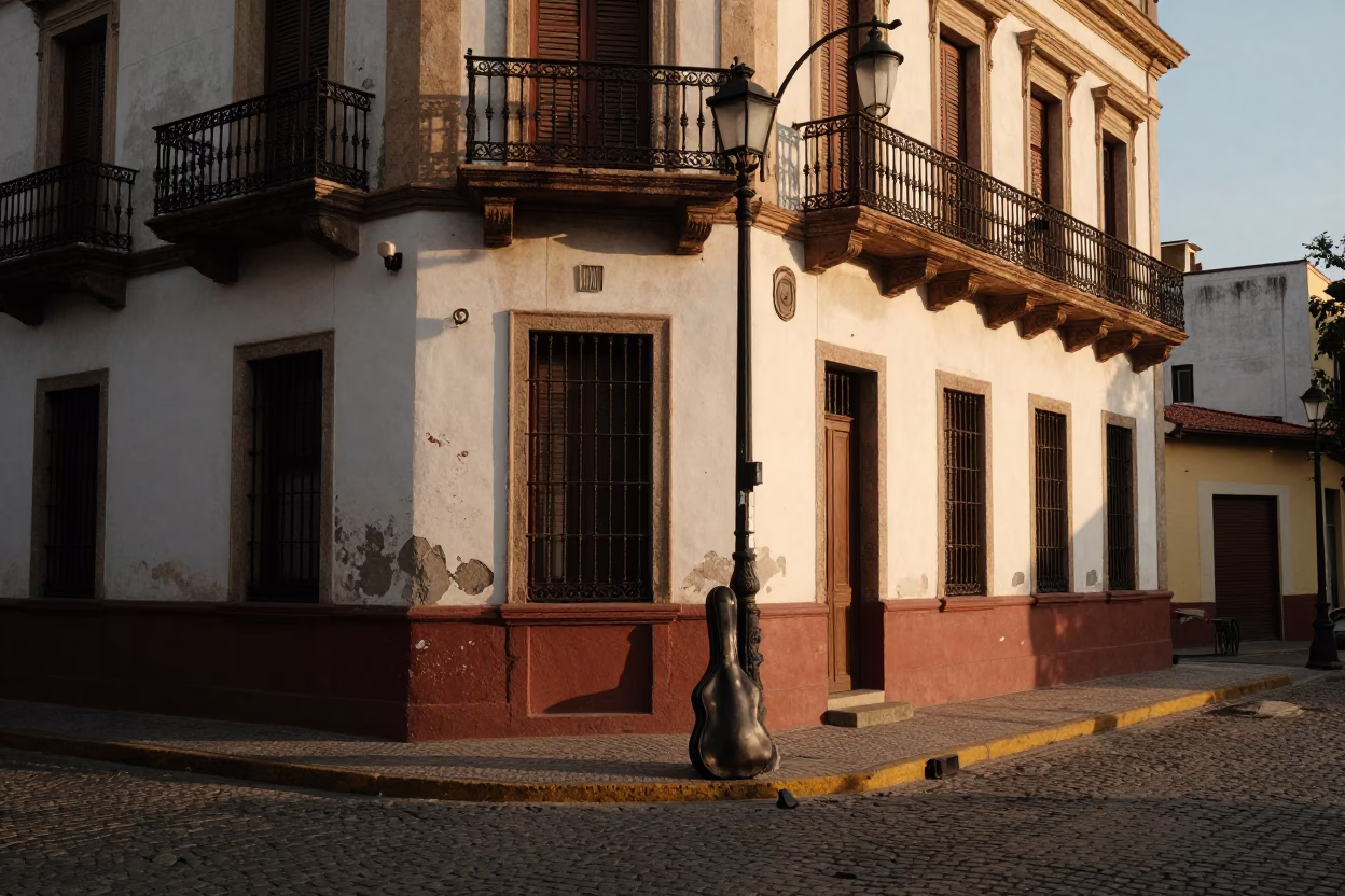 Sunset Street Scene in Buenos Aires with Violin Case and Urban Details in in Buenos Aires, Argentina