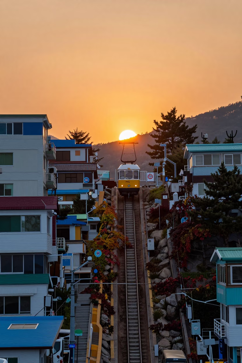 Sunset Street Scene in Busan South Korea with Funicular and Local Life in in Busan, South Korea