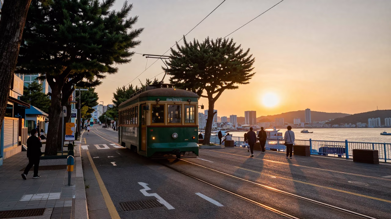 Sunset Street Scene in Busan South Korea with Old Trolley and City Life in in Busan, South Korea