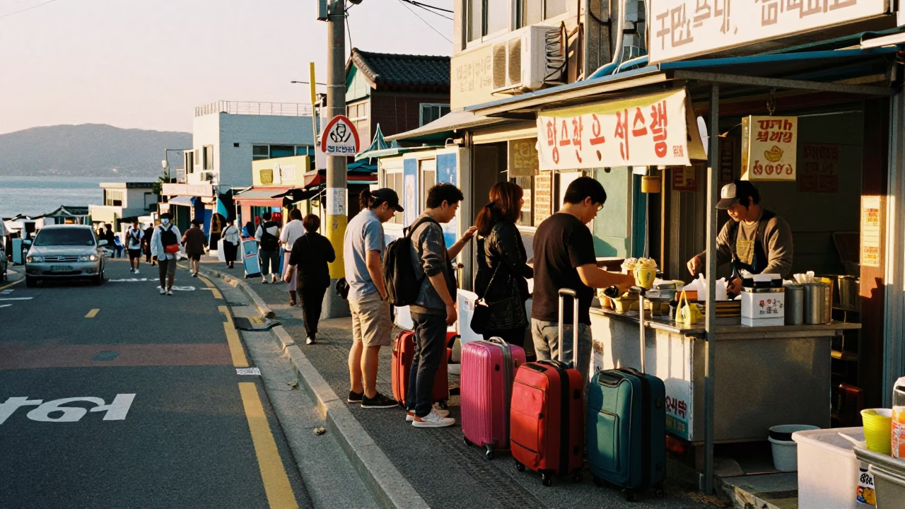 Sunset Street Scene in Busan South Korea with Travelers and Local Food in in Busan, South Korea