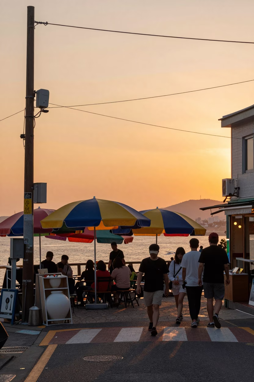 Sunset Street Scene in Busan South Korea with Umbrellas and Local Life in in Busan, South Korea