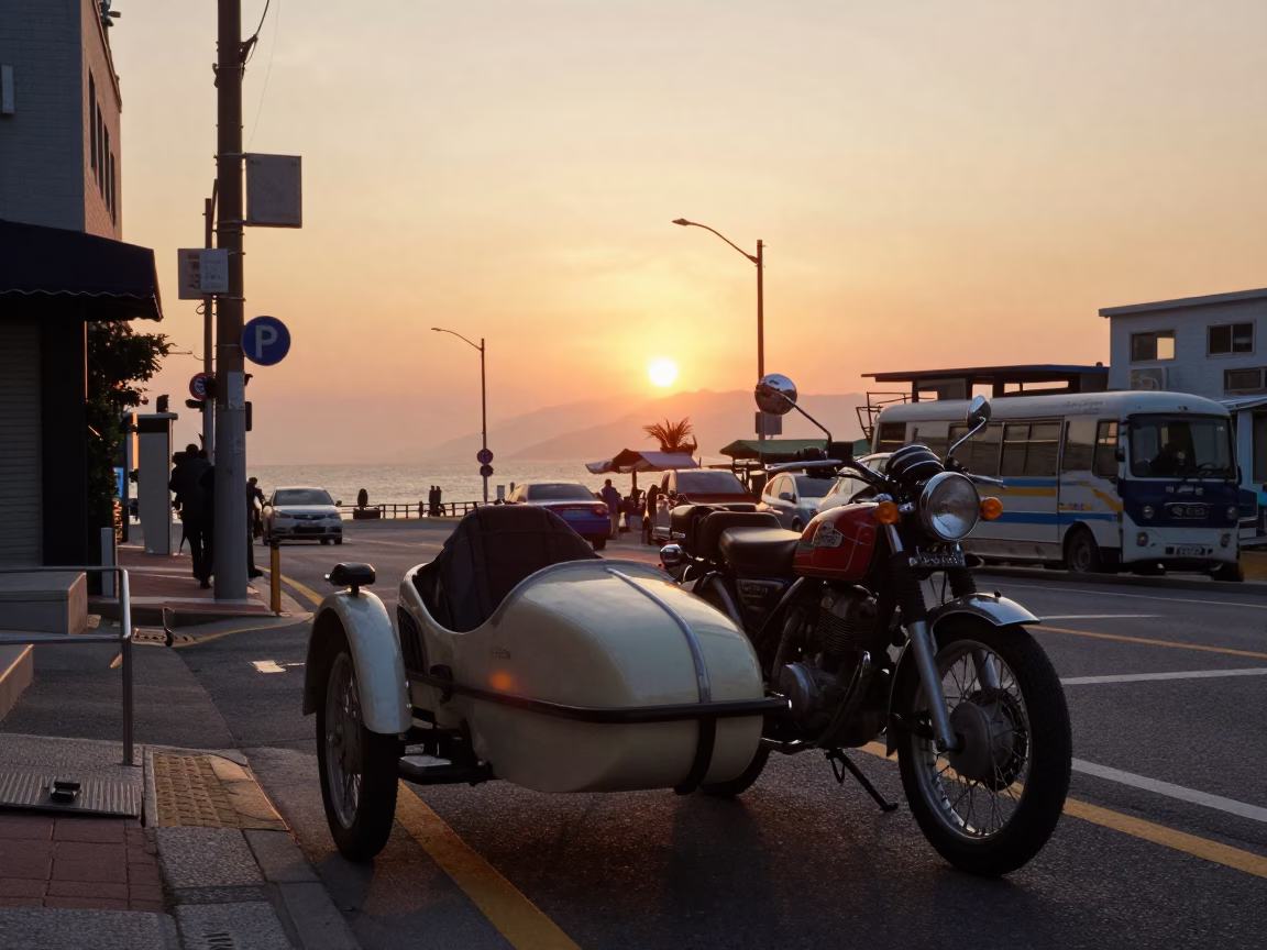 Sunset Street Scene in Busan South Korea with Vintage Motorcycle and Sidecar in in Busan, South Korea