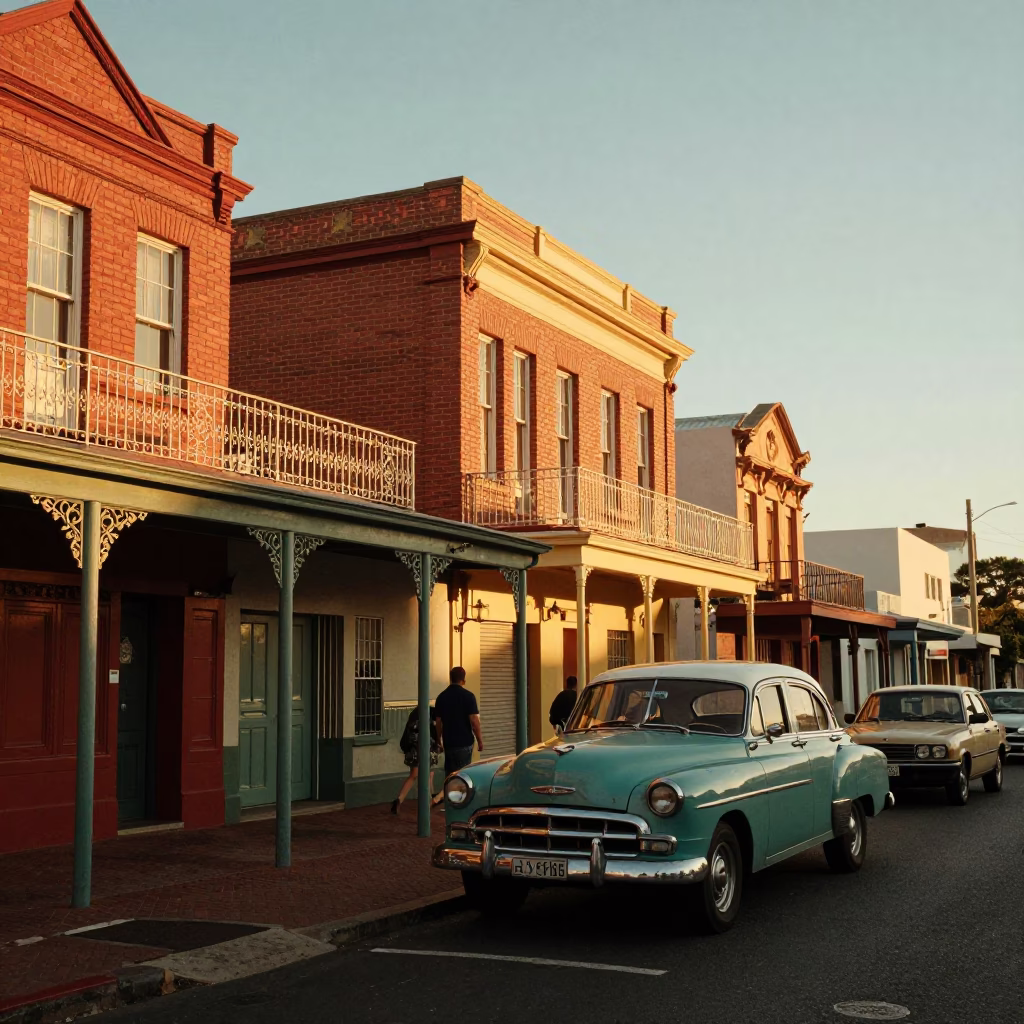 Sunset Street Scene in Cape Town South Africa with Vintage 1950s Aesthetic in in Cape Town, South Africa
