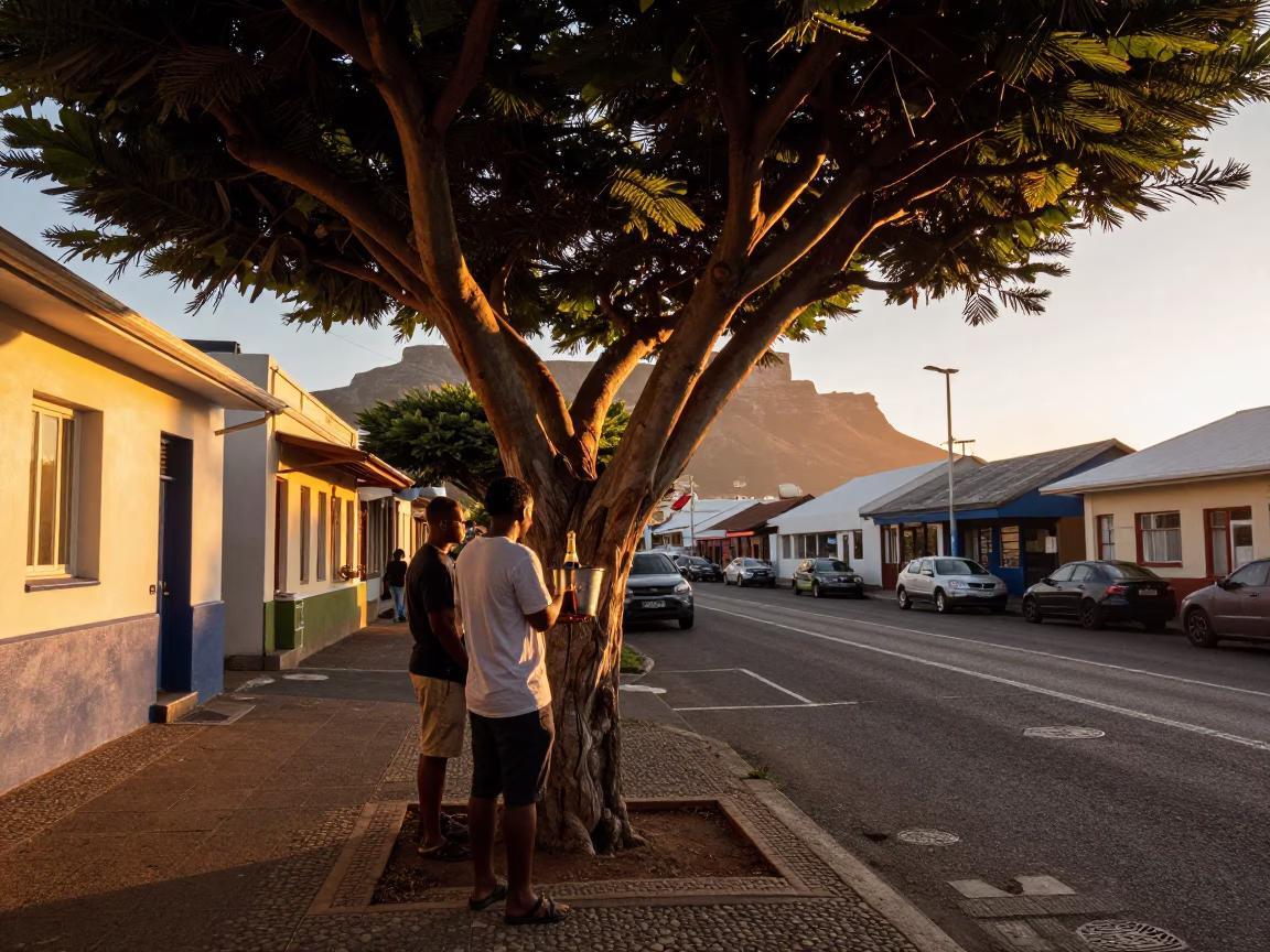 Sunset Street Scene in Cape Town with Fig Tree and Local Interaction in in Cape Town, South Africa