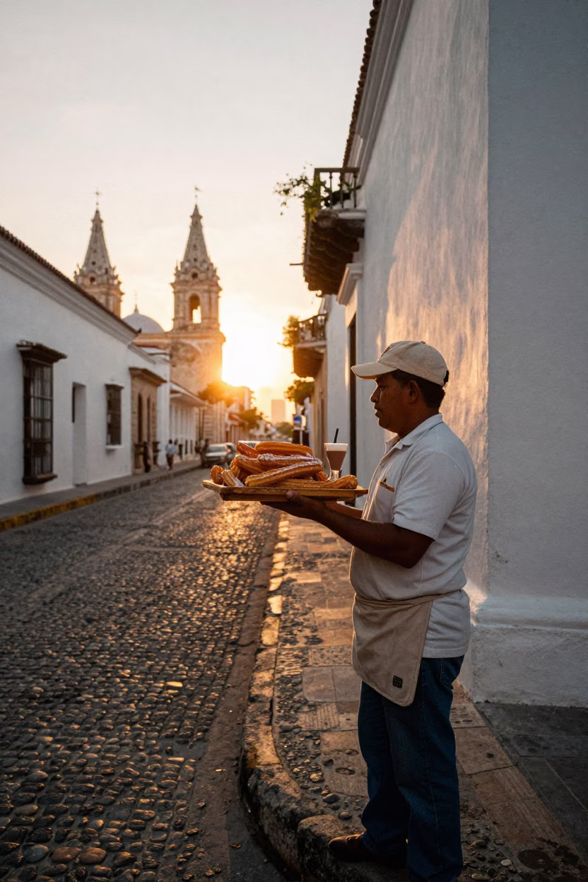 Sunset Street Scene in Cartagena Colombia with Churros and Hot Chocolate in in Cartagena, Colombia