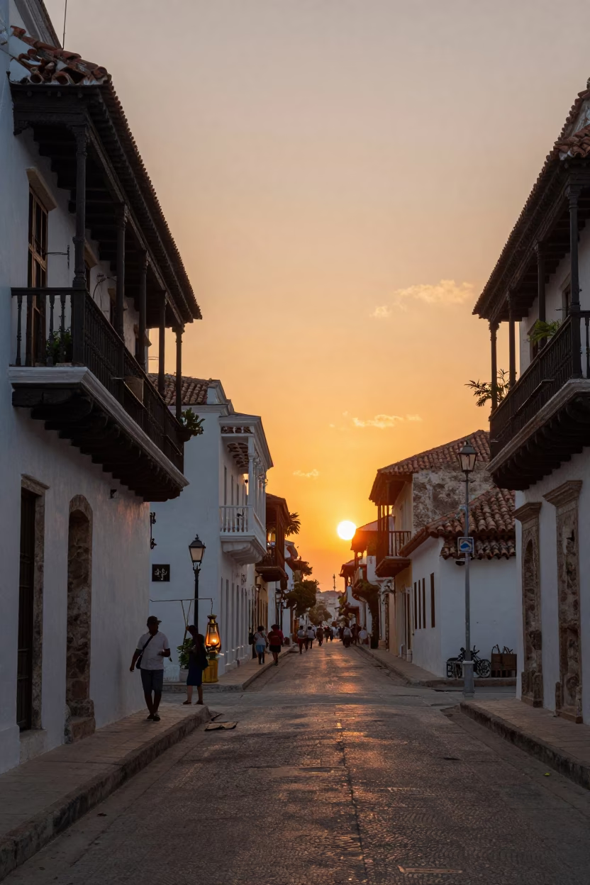Sunset Street Scene in Cartagena Colombia with Lantern and Window Boxes in in Cartagena, Colombia