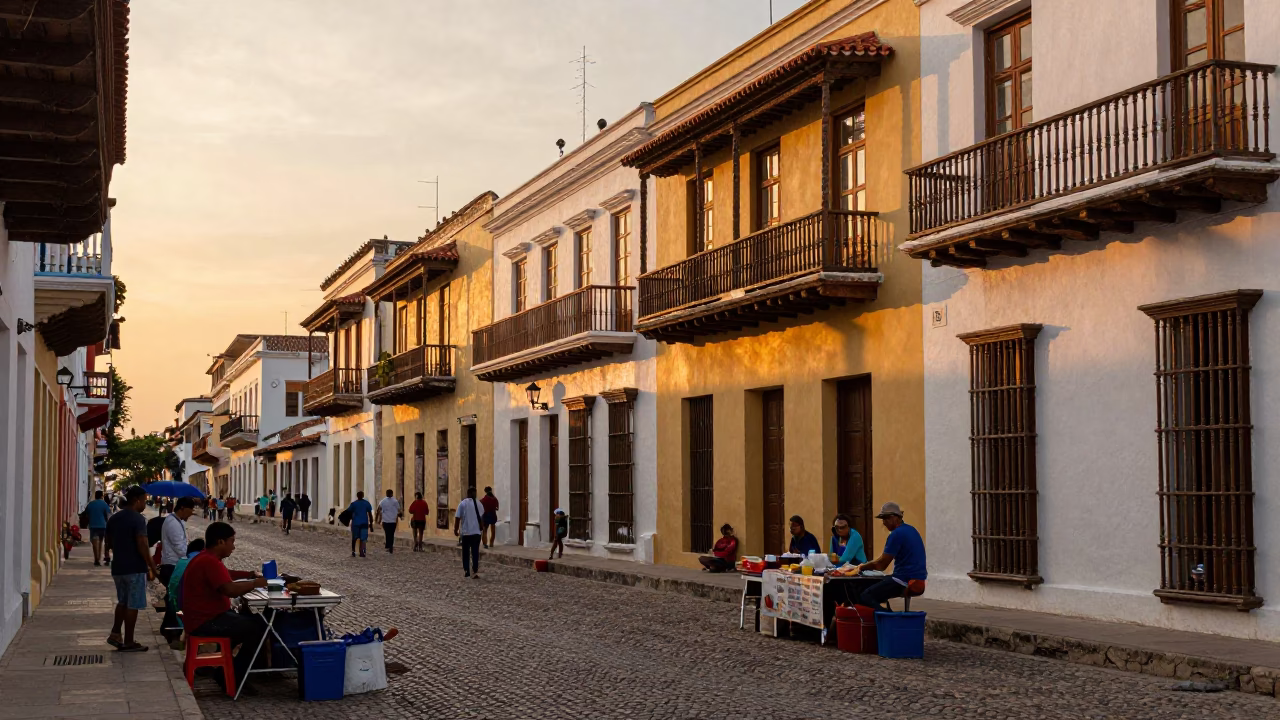 Sunset Street Scene in Cartagena Colombia with Local Vendors and Colonial Architecture in in Cartagena, Colombia