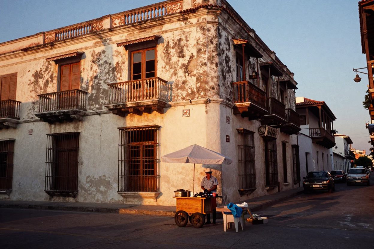 Sunset Street Scene in Cartagena Colombia with Local Vendors and Vintage Items in in Cartagena, Colombia