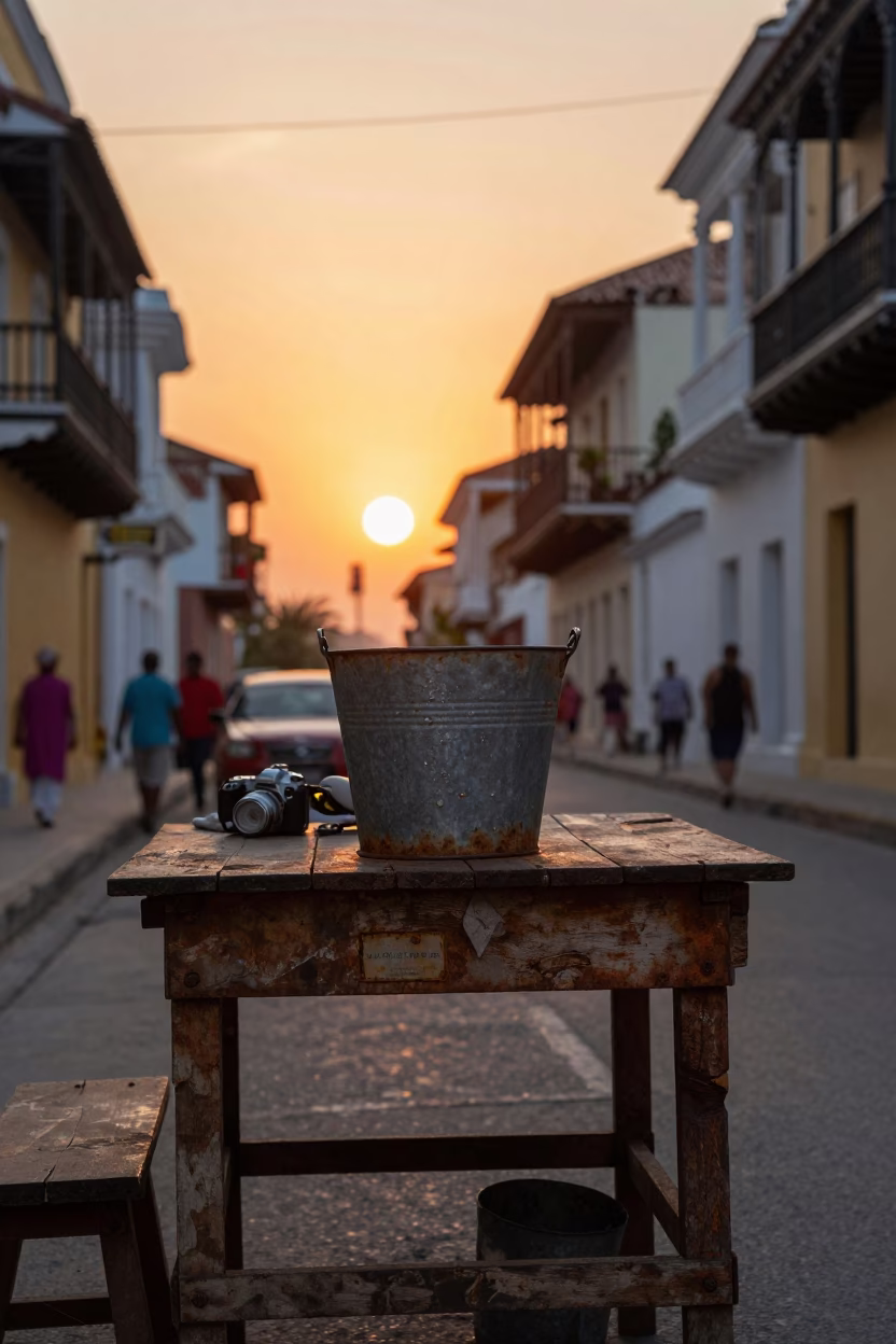 Sunset Street Scene in Cartagena Colombia with Rusty Bucket and Sun Hats in in Cartagena, Colombia