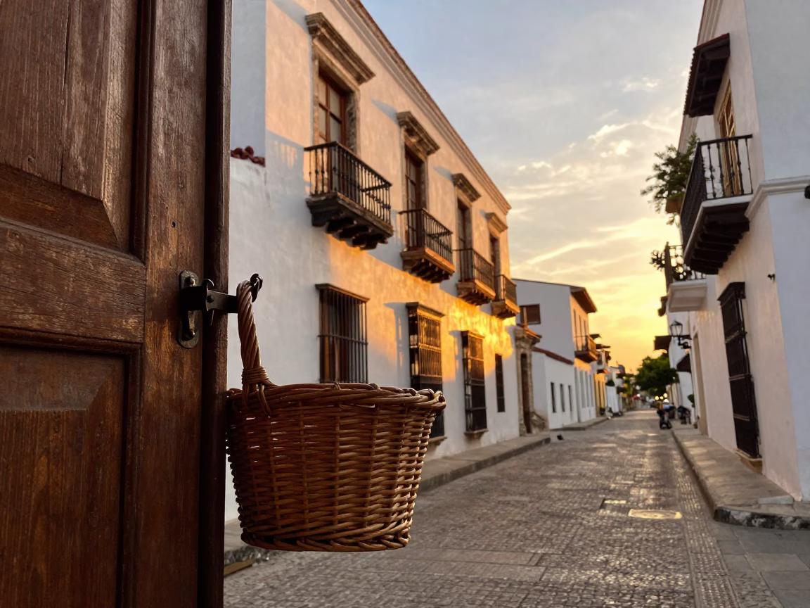 Sunset Street Scene in Cartagena Colombia with Wicker Basket and Latch Detail in in Cartagena, Colombia