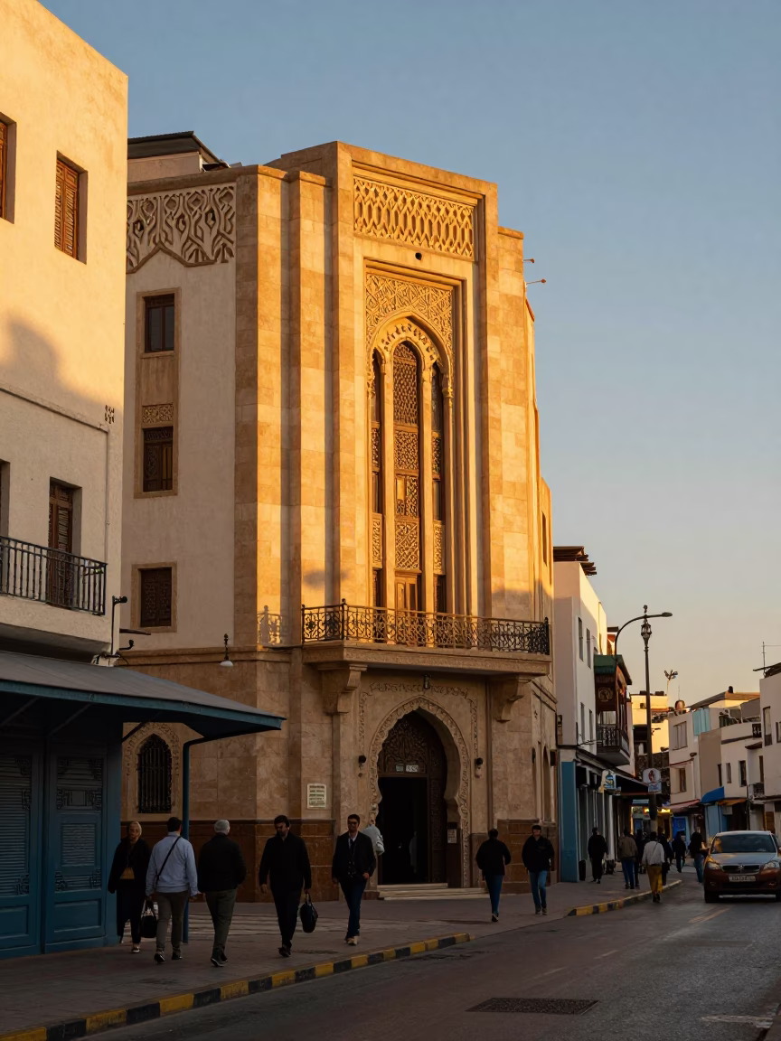 Sunset Street Scene in Casablanca Morocco Art Deco Facade and Local Life in in Casablanca, Morocco