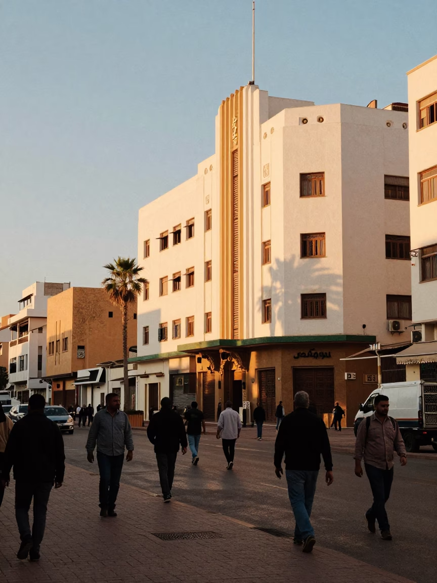 Sunset Street Scene in Casablanca Morocco with Art Deco Hotel Facade and Busy Traffic in in Casablanca, Morocco