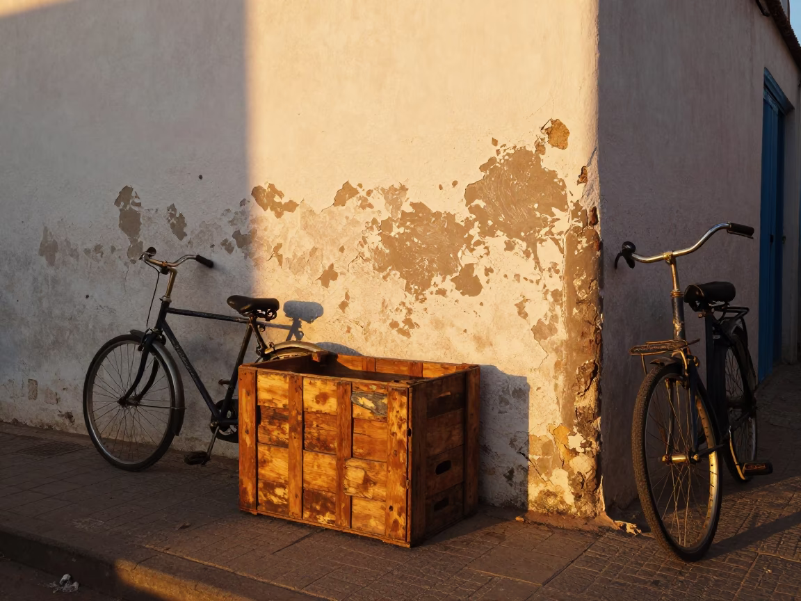 Sunset Street Scene in Casablanca Morocco with Crate and Bicycle in in Casablanca, Morocco