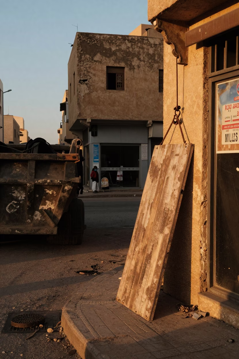 Sunset Street Scene in Casablanca Morocco with Demolition Dumpster and Urban Decay in in Casablanca, Morocco