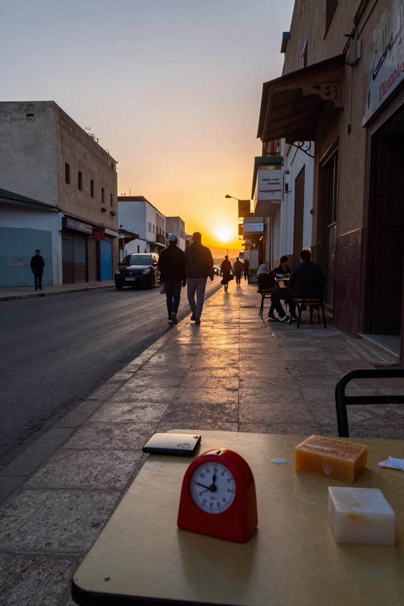Sunset Street Scene in Casablanca Morocco with Kitchen Timer and Soap Residue in in Casablanca, Morocco