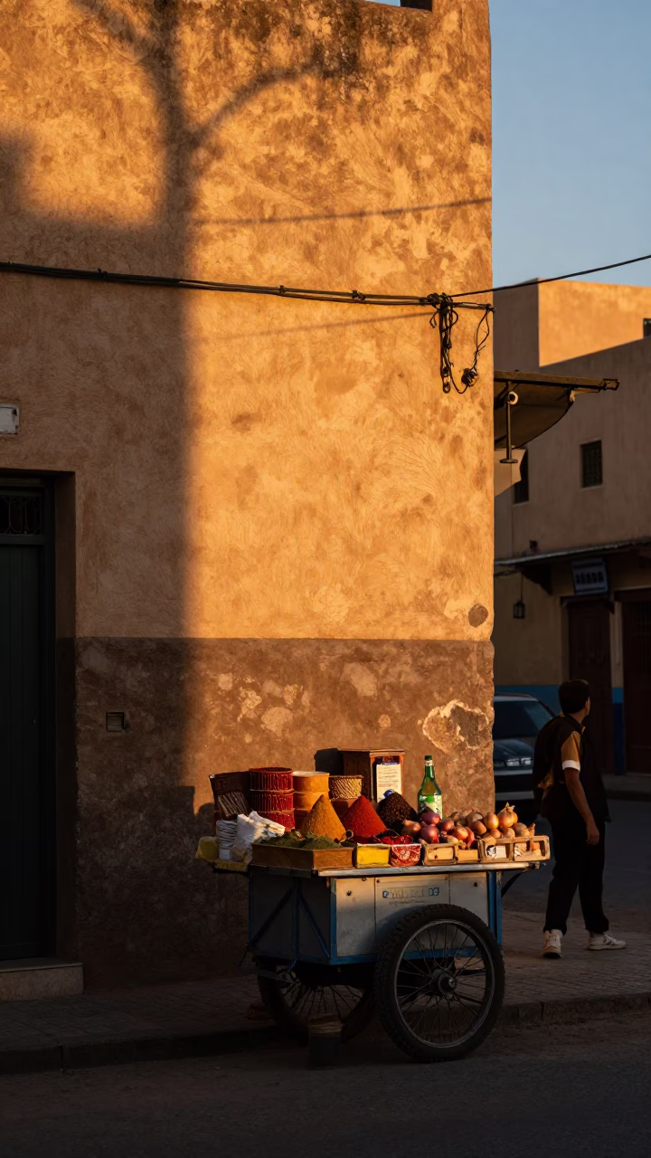 Sunset Street Scene in Casablanca Morocco with Spices and Onions in in Casablanca, Morocco