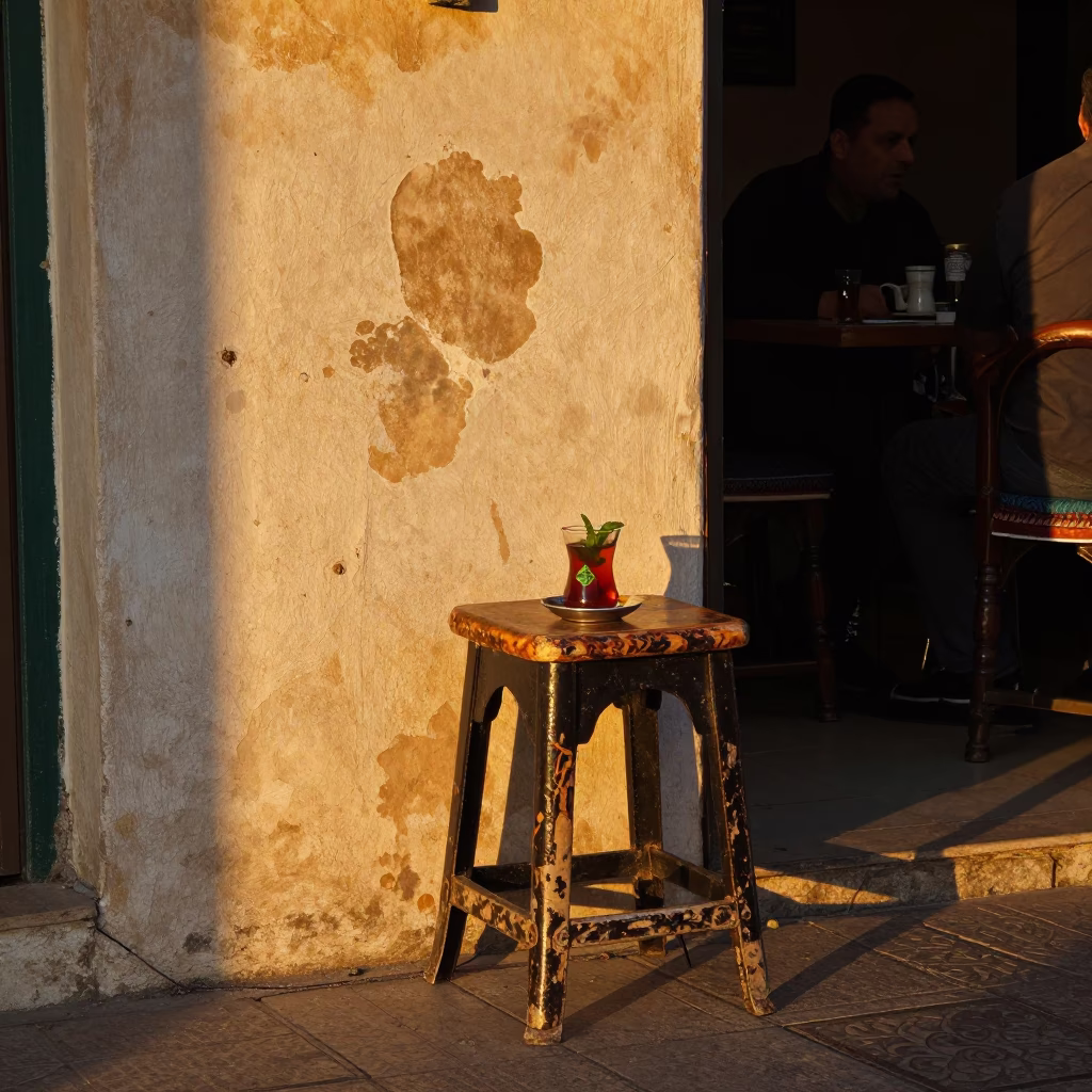 Sunset Street Scene in Casablanca Morocco with Tea Stains and Herb in in Casablanca, Morocco