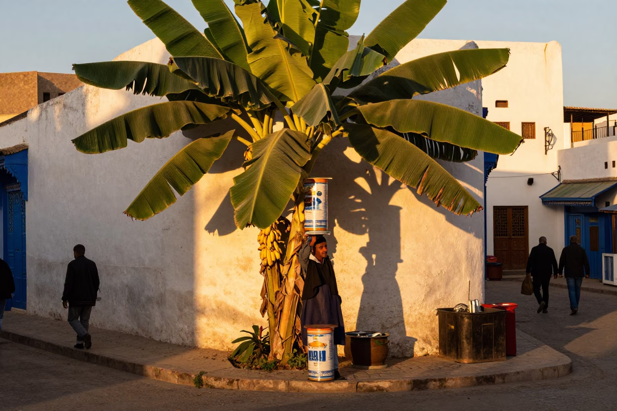 Sunset Street Scene in Casablanca Morocco with Tiffin Tin and Banana Plantation in in Casablanca, Morocco