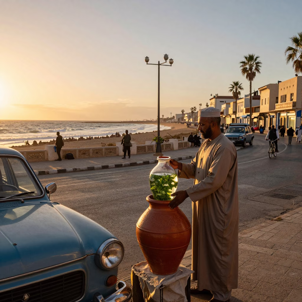 Sunset street scene in Casablanca Morocco with traditional jar vendor and smiling locals in in Casablanca, Morocco