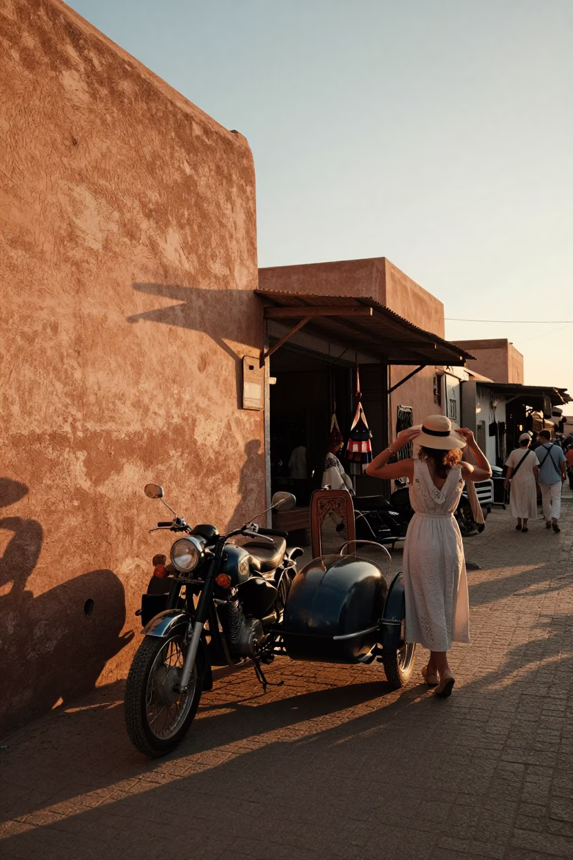Sunset Street Scene in Casablanca Morocco with Vintage Motorcycle Sidecar and Sun Hat in in Casablanca, Morocco