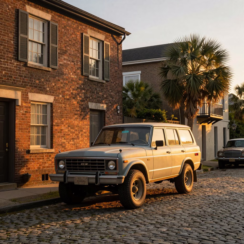 Sunset Street Scene in Charleston South Carolina with Vintage SUV and Local Details in in Charleston, South Carolina, United States