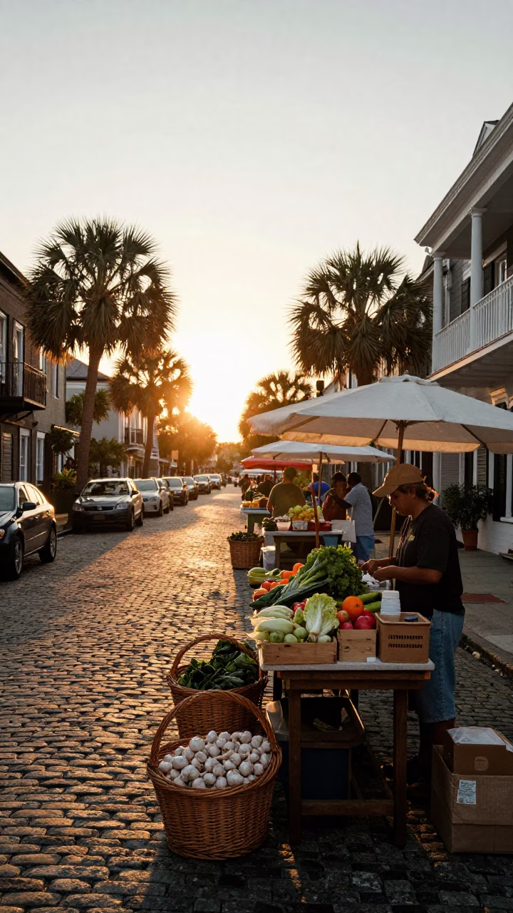 Sunset Street Scene in Charleston South Carolina with Wicker Basket and Garlic in in Charleston, South Carolina, United States