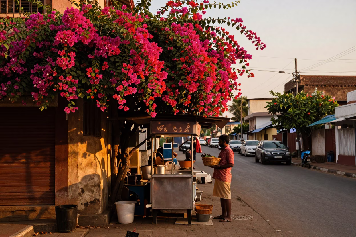 Sunset Street Scene in Chennai India with Bougainvillea and Local Life in in Chennai, India