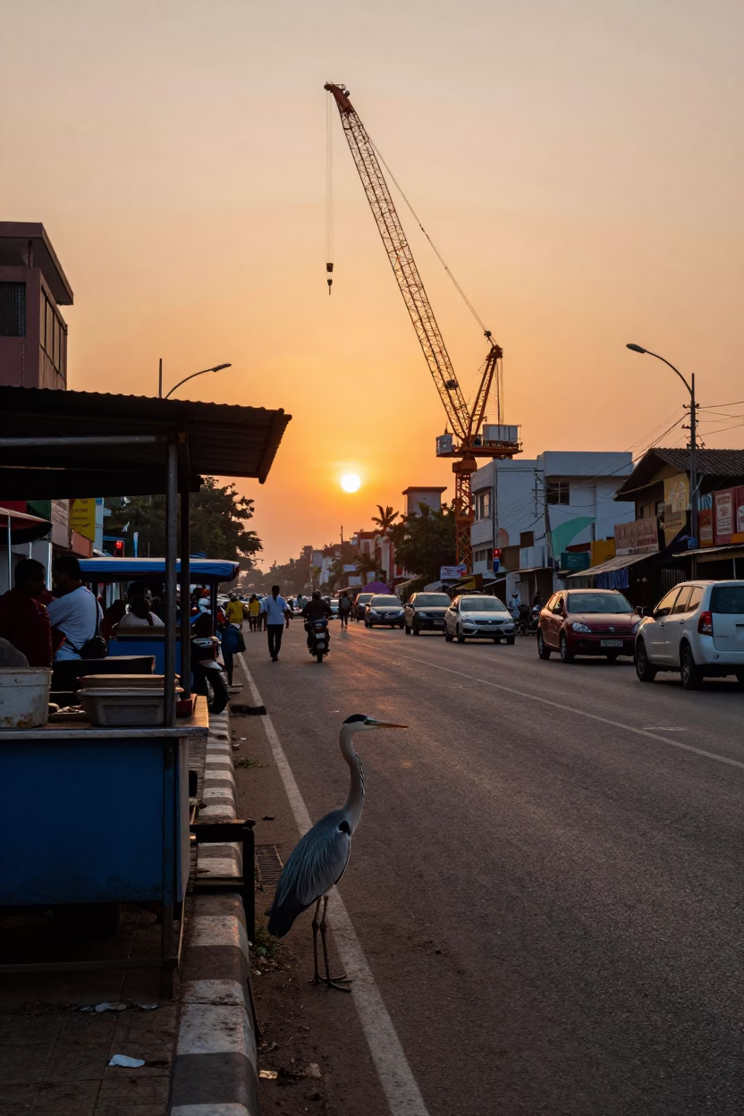 Sunset Street Scene in Chennai India with Crane Bird and Urban Activity in in Chennai, India