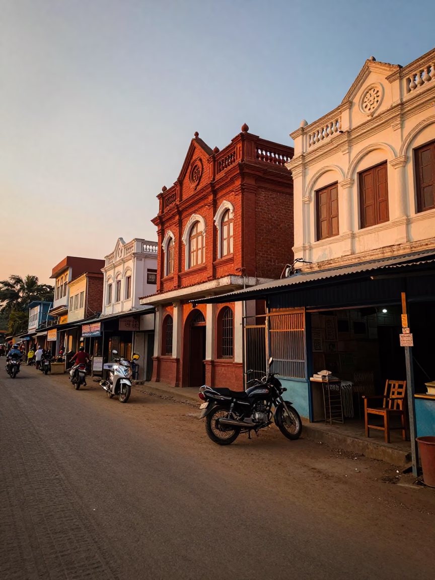 Sunset street scene in Chennai India with motorbike and local commerce in in Chennai, India