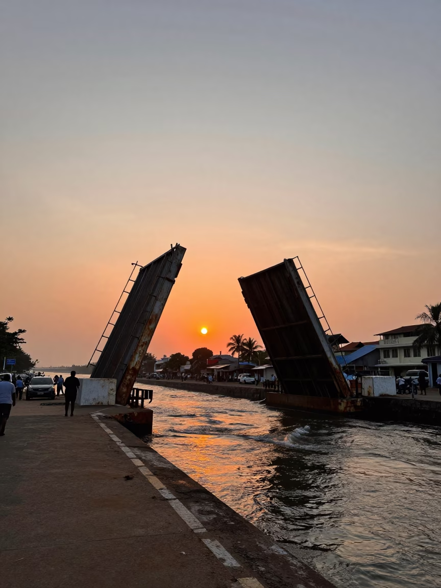 Sunset Street Scene in Chennai India with Rusted Drawbridge and Tidal Channel in in Chennai, India