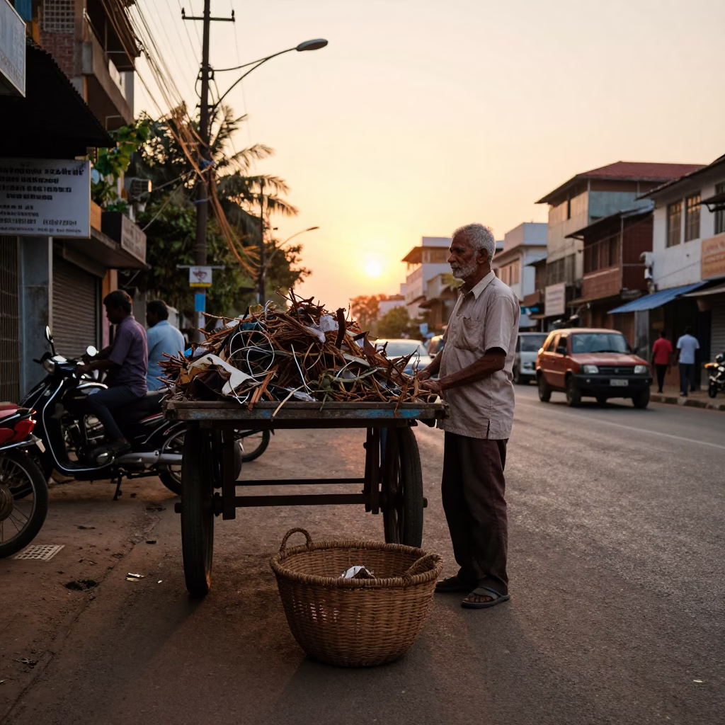 Sunset street scene in Chennai India with vendor and scrap basket in in Chennai, India