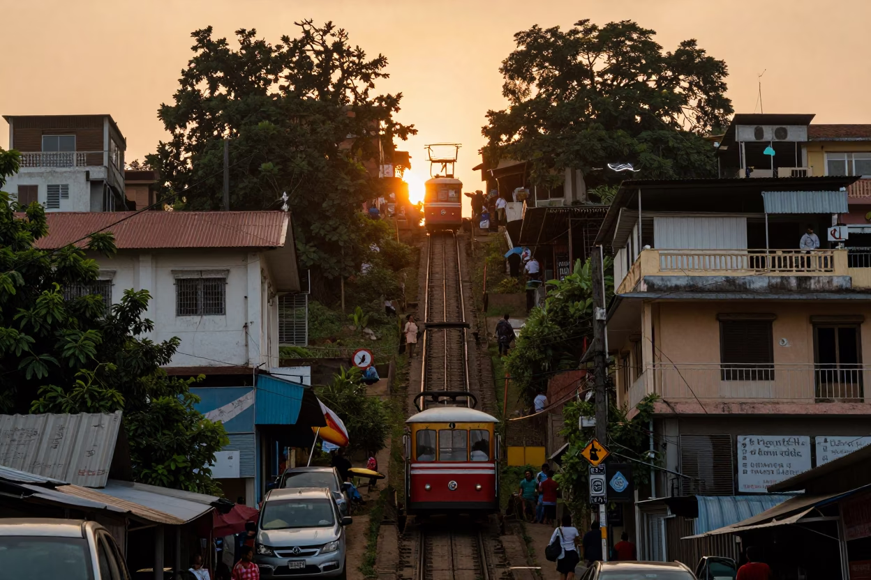 Sunset Street Scene in Chennai India with Vintage Funicular and Local Life in in Chennai, India