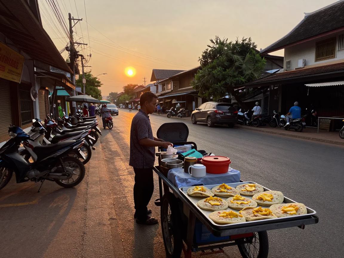 Sunset Street Scene in Chiang Mai Thailand with Local Vendors and Motorcycles in in Chiang Mai, Thailand