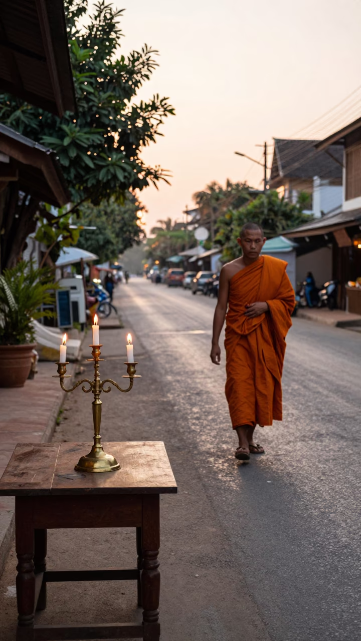 Sunset street scene in Chiang Mai Thailand with monk and candelabra in in Chiang Mai, Thailand