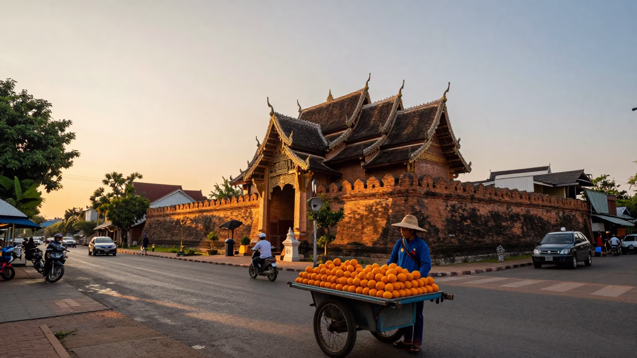 Sunset Street Scene in Chiang Mai Thailand with Oranges and Local Life in in Chiang Mai, Thailand