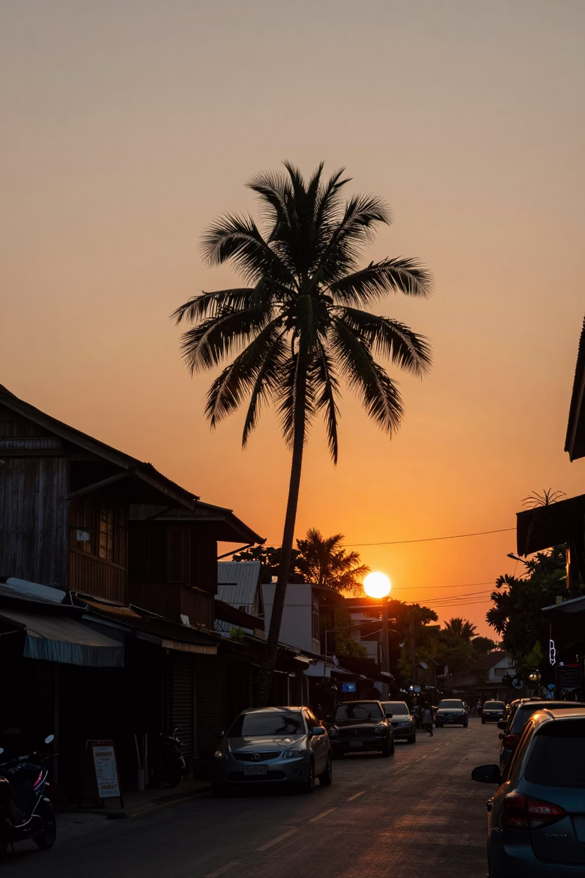 Sunset Street Scene in Chiang Mai Thailand with Palm Silhouette and Local Market Activity in in Chiang Mai, Thailand