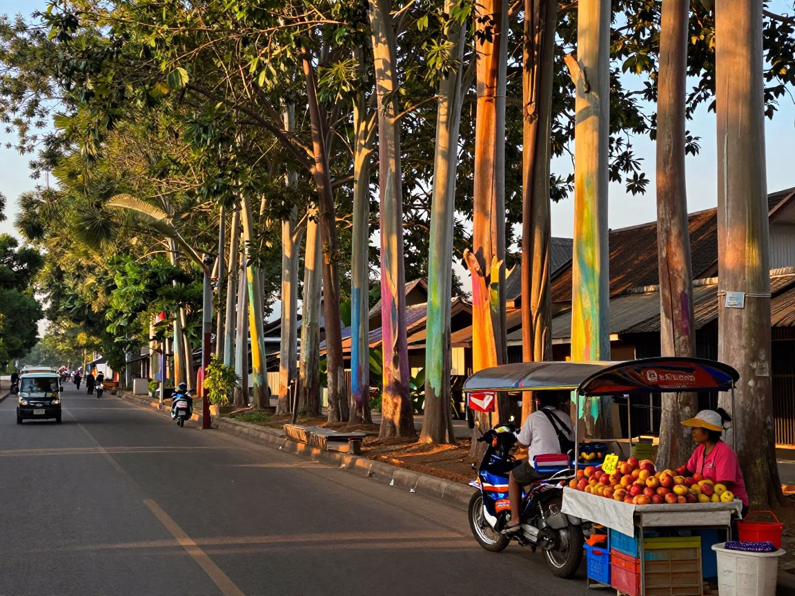 Sunset Street Scene in Chiang Mai Thailand with Rainbow Eucalyptus Trees and Local Life in in Chiang Mai, Thailand