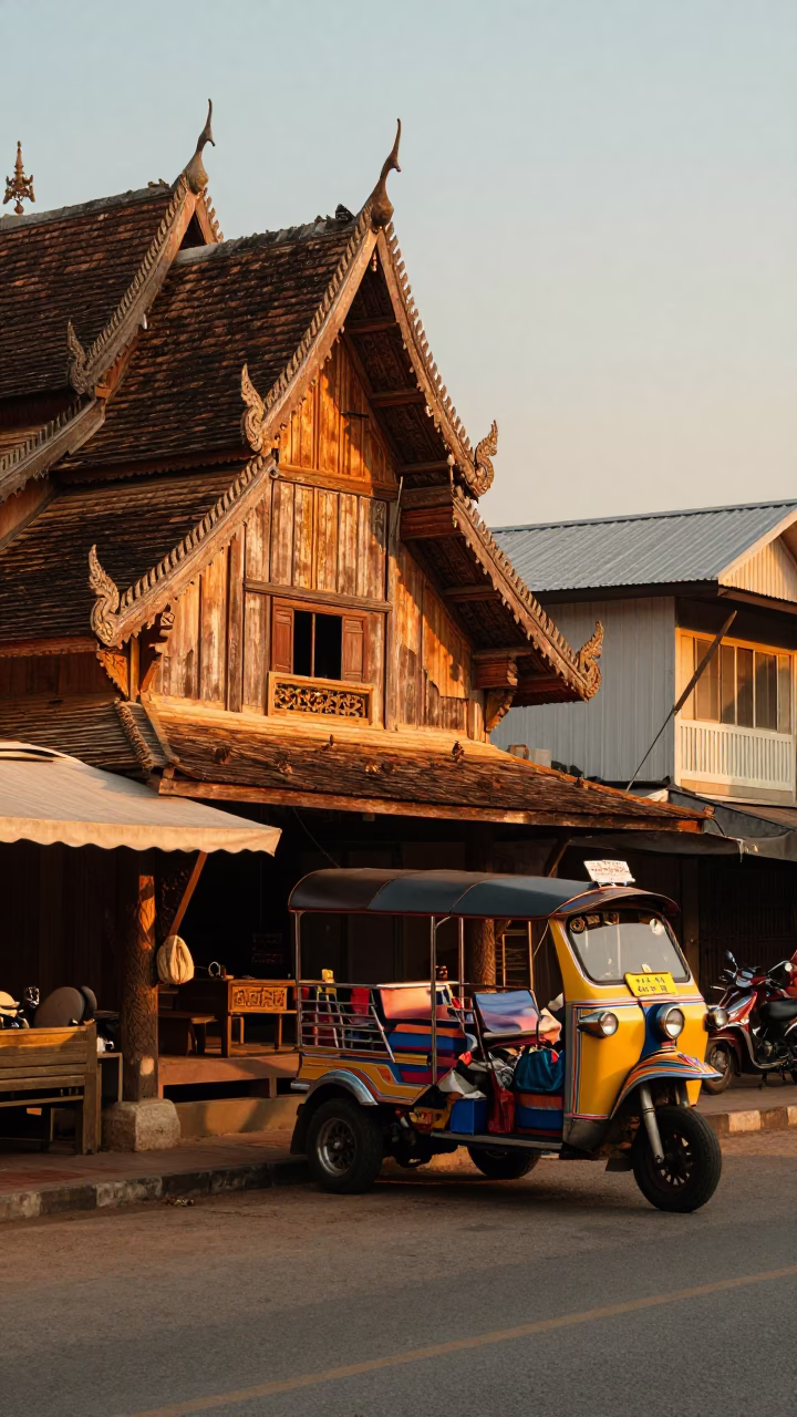 Sunset street scene in Chiang Mai Thailand with vendor and local architecture in in Chiang Mai, Thailand