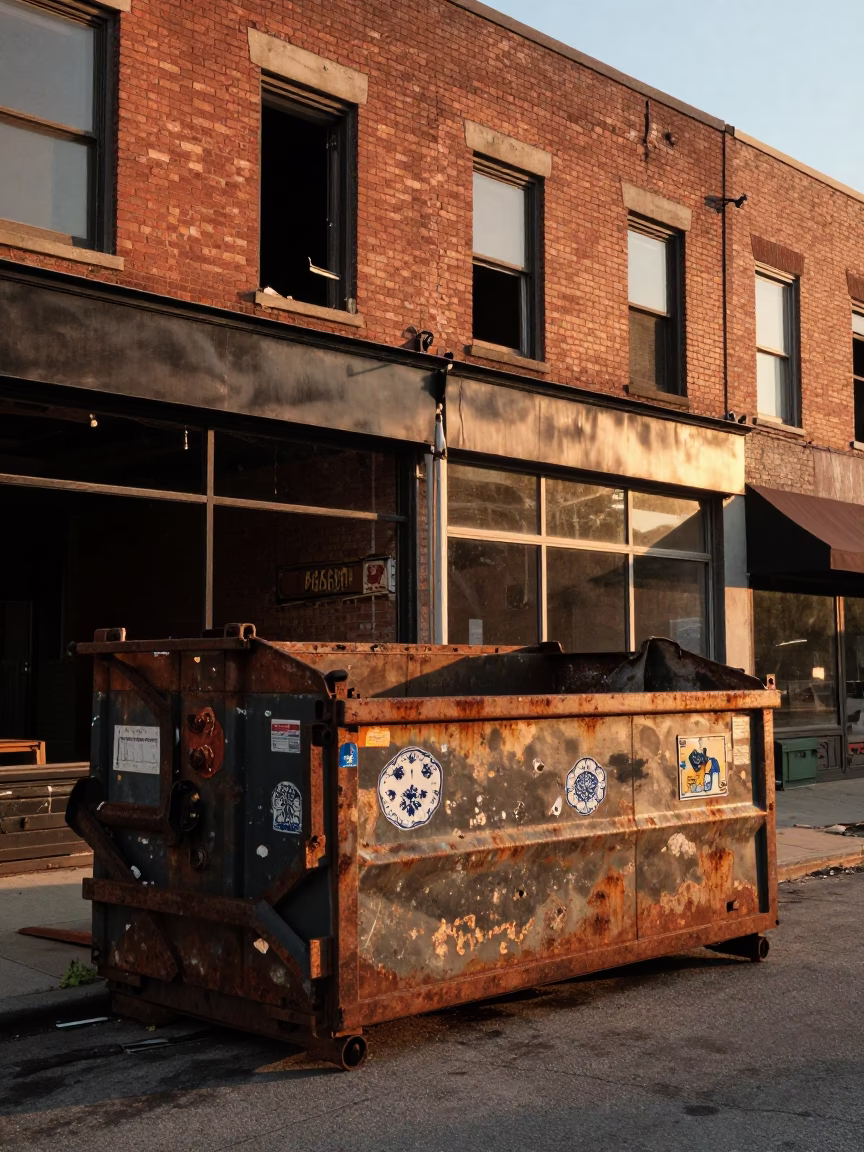 Sunset Street Scene in Chicago Illinois Featuring Demolition Dumpster and Majolica Plates in in Chicago, Illinois, United States
