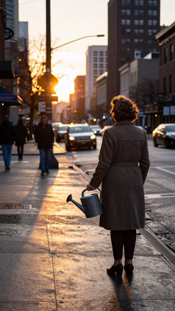 Sunset Street Scene in Chicago Illinois with Watering Jug and Urban Details in in Chicago, Illinois, United States