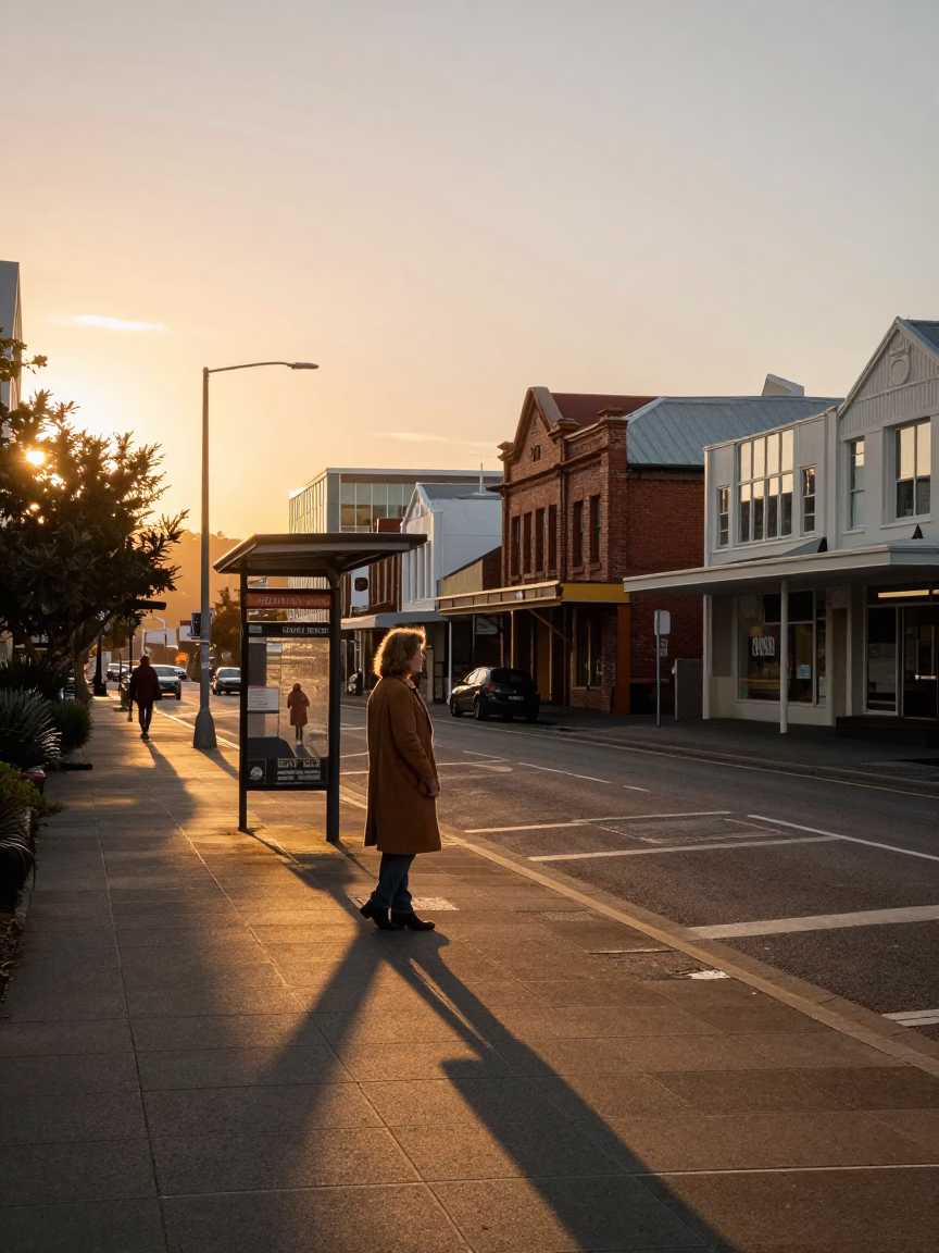 Sunset street scene in Christchurch New Zealand with vintage 1970s aesthetic and local details in in Christchurch, New Zealand