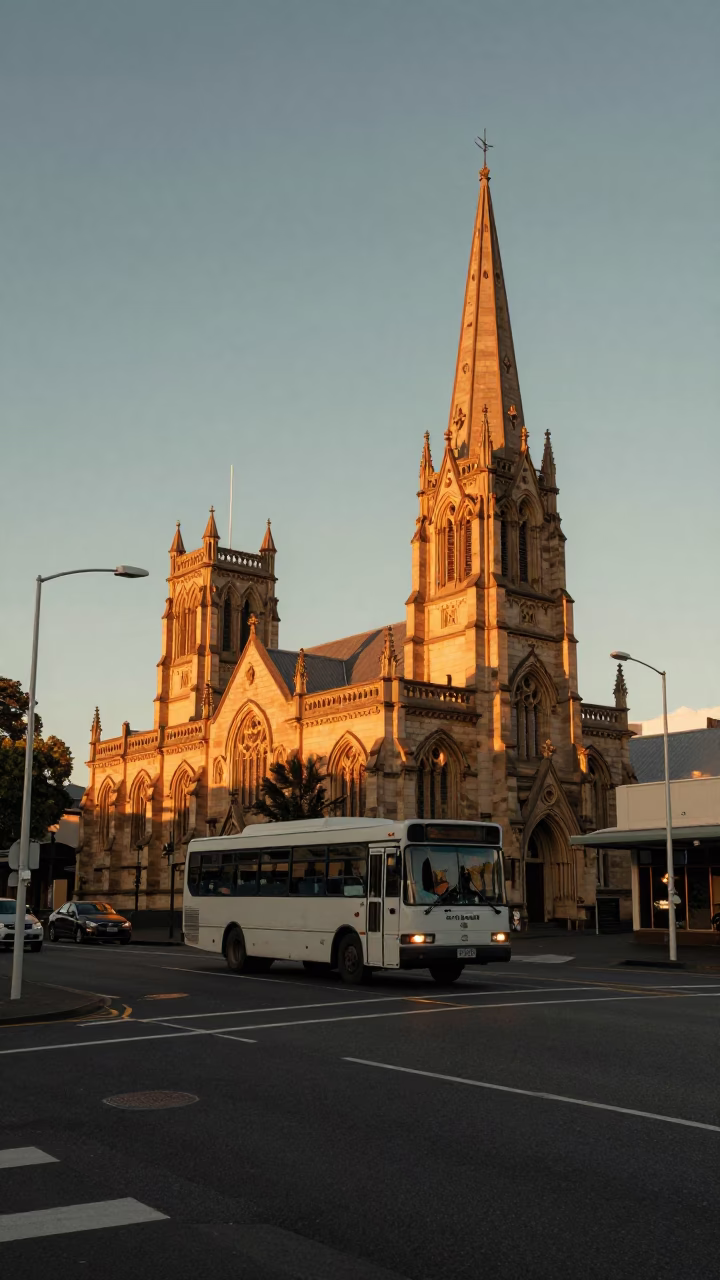 Sunset Street Scene in Christchurch New Zealand with Vintage 1980s Atmosphere in in Christchurch, New Zealand