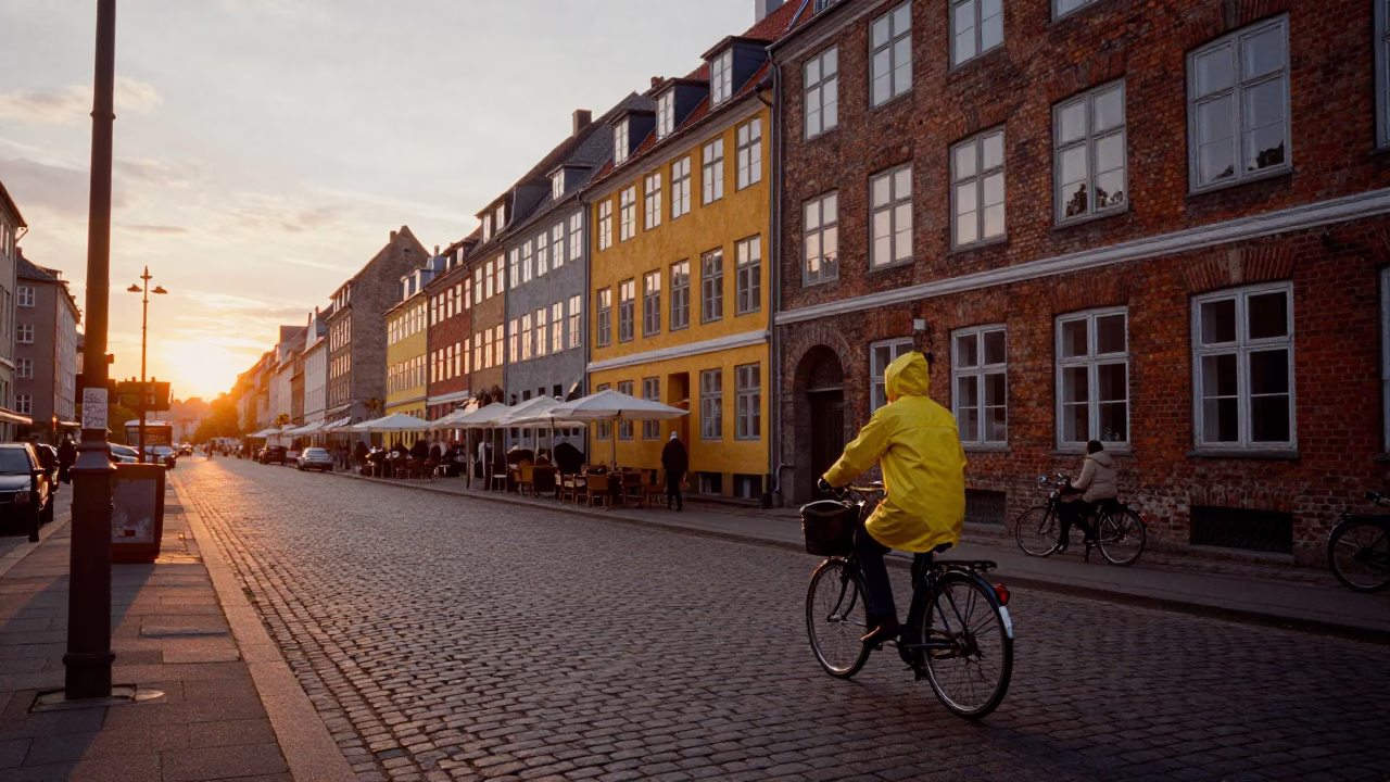 Sunset Street Scene in Copenhagen Denmark with Bicycle and Brick Architecture in in Copenhagen, Denmark