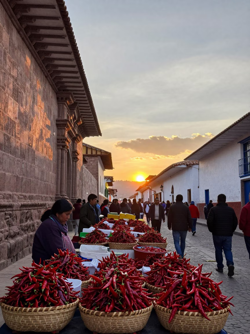 Sunset Street Scene in Cusco Peru with Chili Peppers and Traditional Architecture in in Cusco, Peru