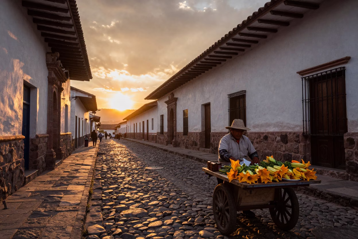 Sunset Street Scene in Cusco Peru with Colonial Architecture and Local Life in in Cusco, Peru