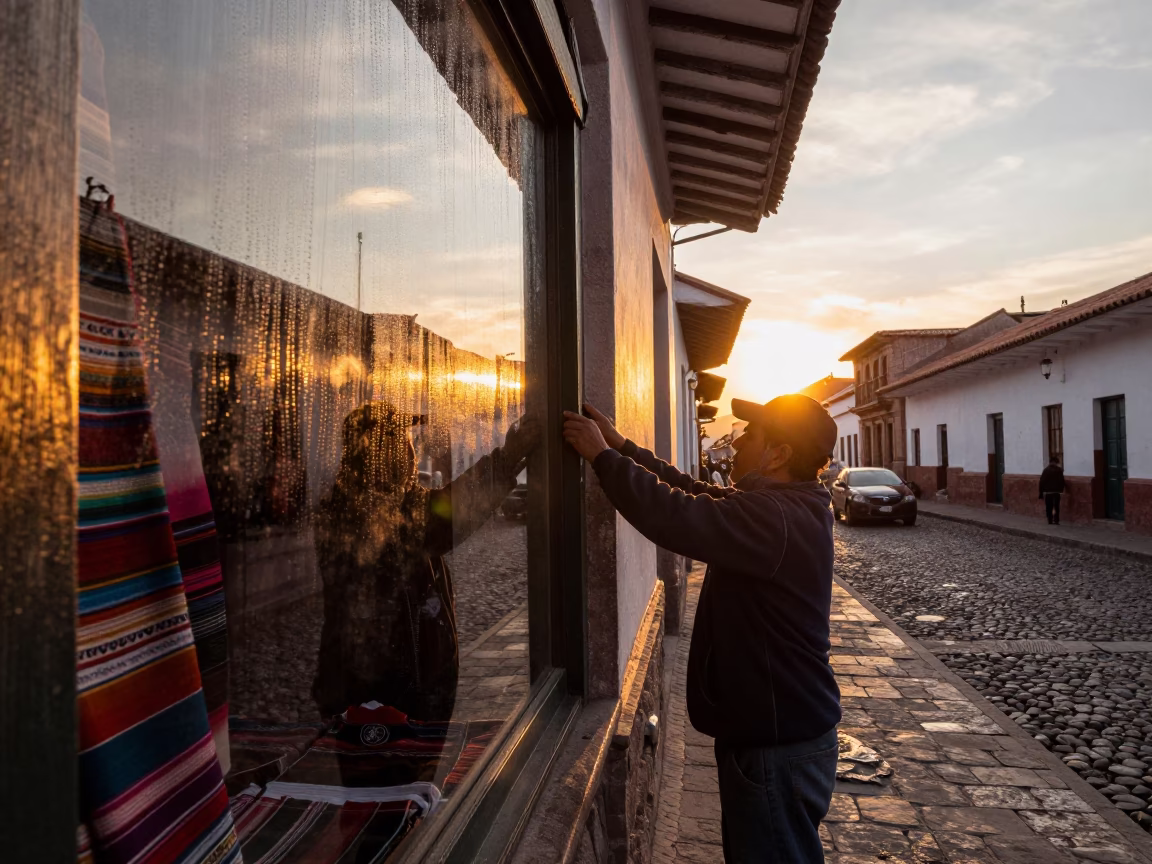 Sunset Street Scene in Cusco Peru with Condensation on Glass Window in in Cusco, Peru