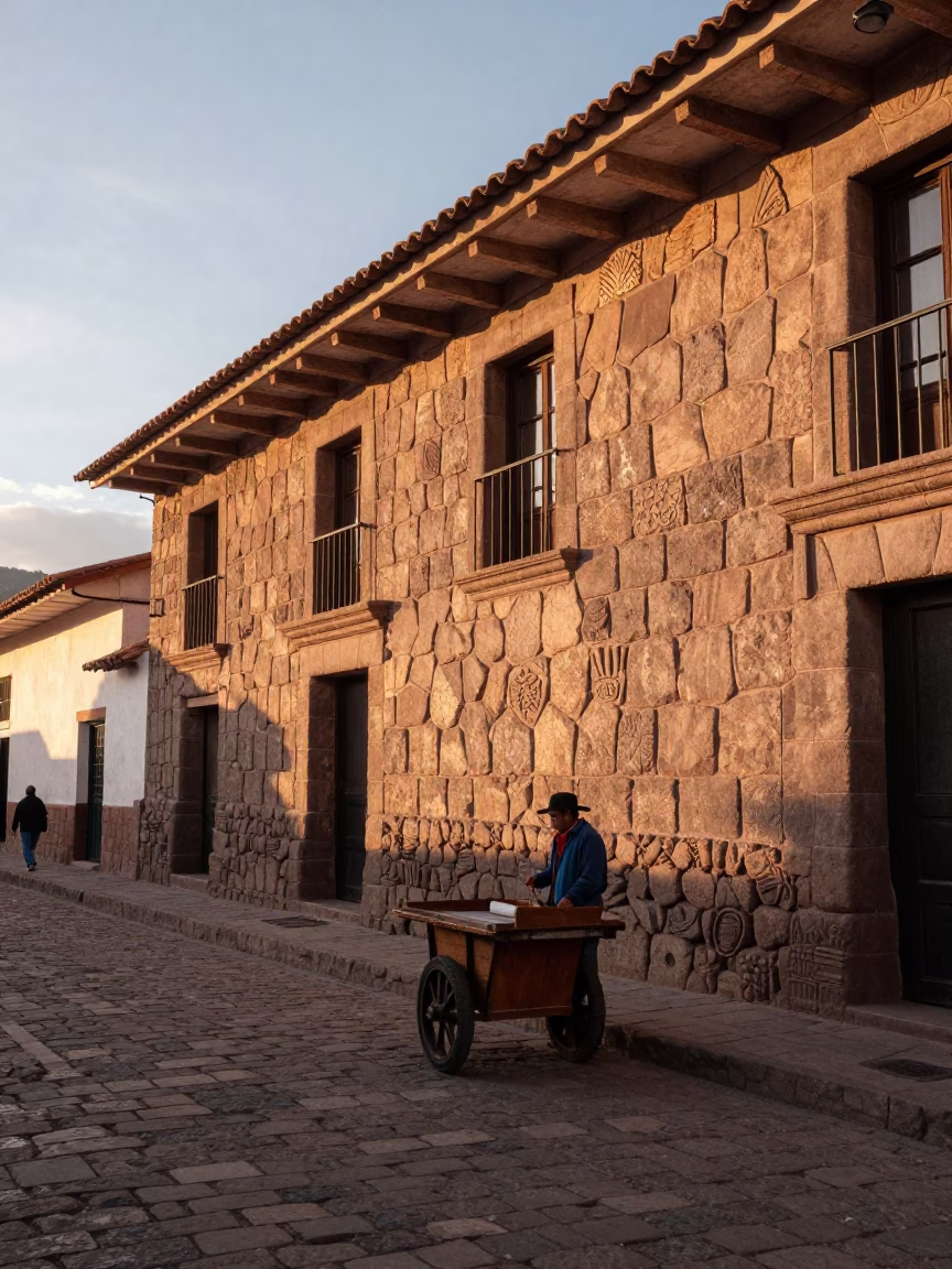 Sunset Street Scene in Cusco Peru with Inca Stone Architecture and Local Market Activity in in Cusco, Peru