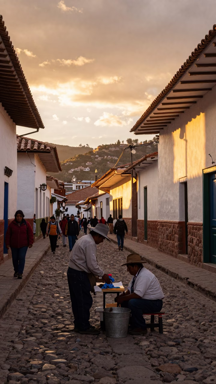 Sunset Street Scene in Cusco Peru with Local Vendor and Traditional Elements in in Cusco, Peru