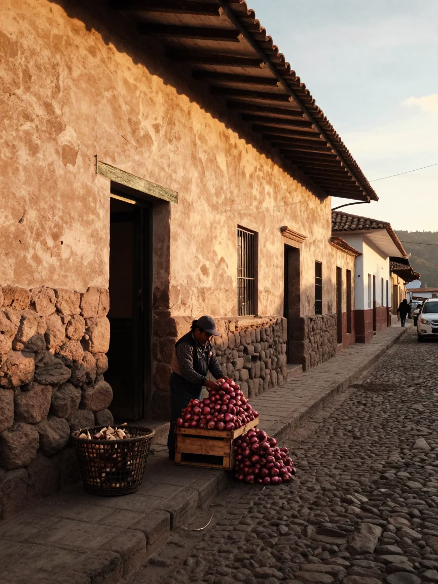 Sunset Street Scene in Cusco Peru with Onions and Scrap Basket in in Cusco, Peru