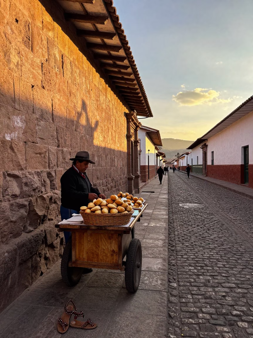 Sunset Street Scene in Cusco Peru with Pastries and Beaded Sandals in in Cusco, Peru